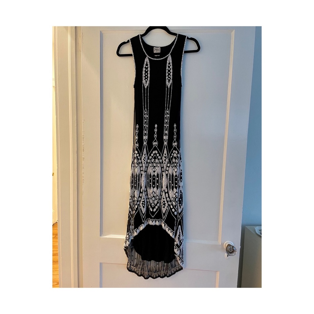 Haute Hippie Black / White Beaded Fitted Asymmetrical  Midi Dress. Size Small.